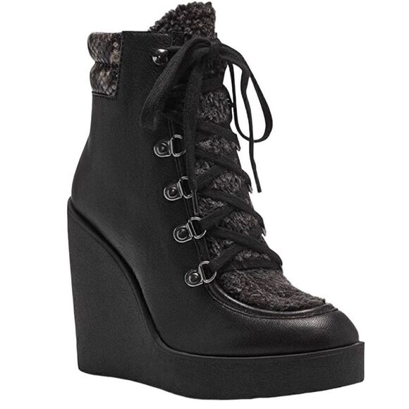 NWT JESSICA SIMPSON Black Maelyn Wedge Platform Almond-Toe Lace-up Ankle Boots - Picture 1 of 4
